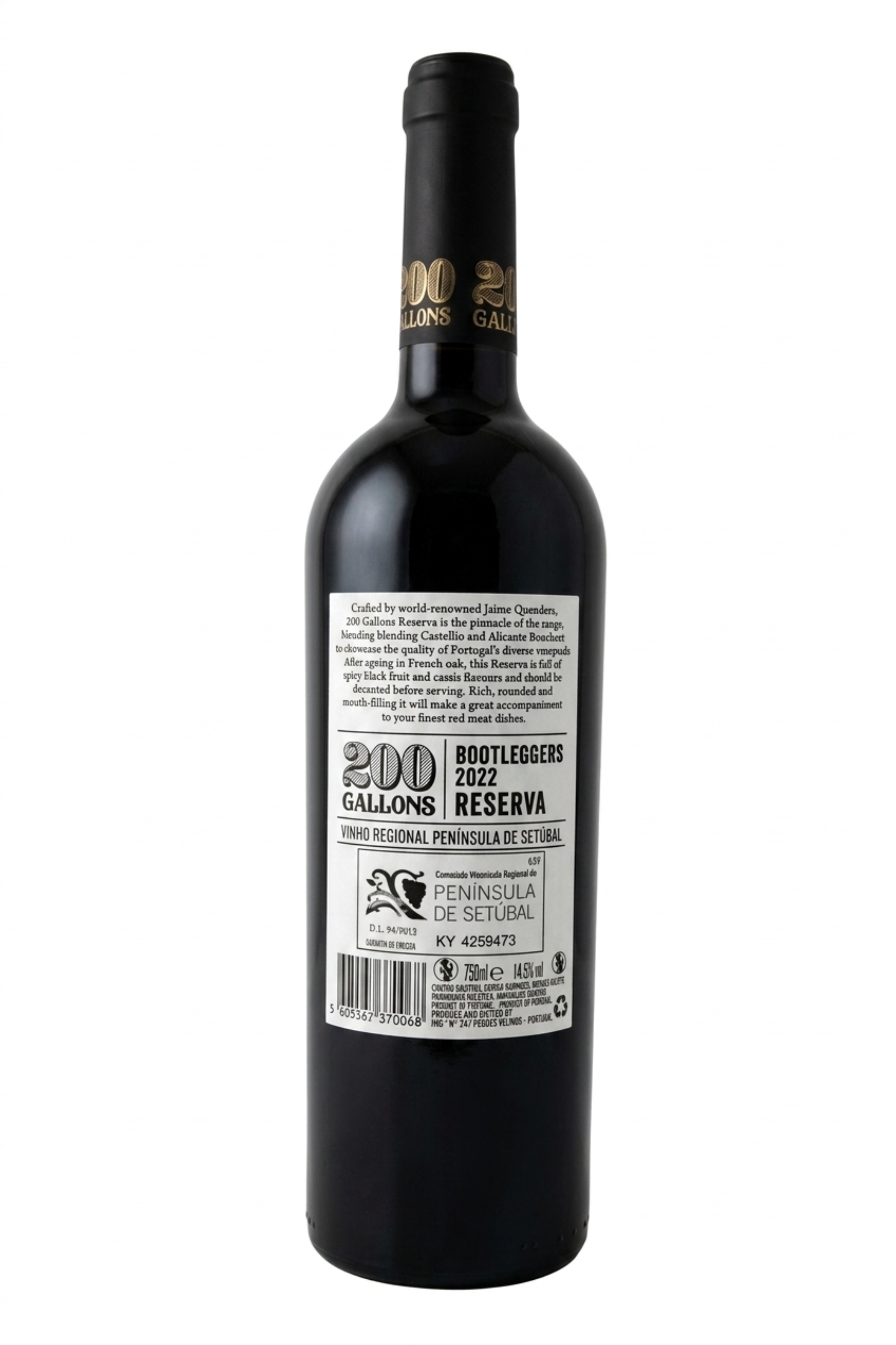 Contra-rótulo 200 Gallons Bootleggers Reserva 2022 – Vinho Tinto Península de Setúbal, 14,5% vol., Jaime Quendera
