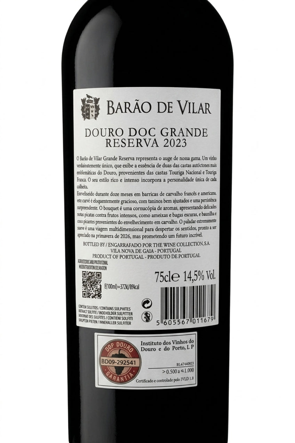 Contrarrotulo do Vinho Tinto Barão de Vilar Grande Reserva 2023 com detalhes técnicos