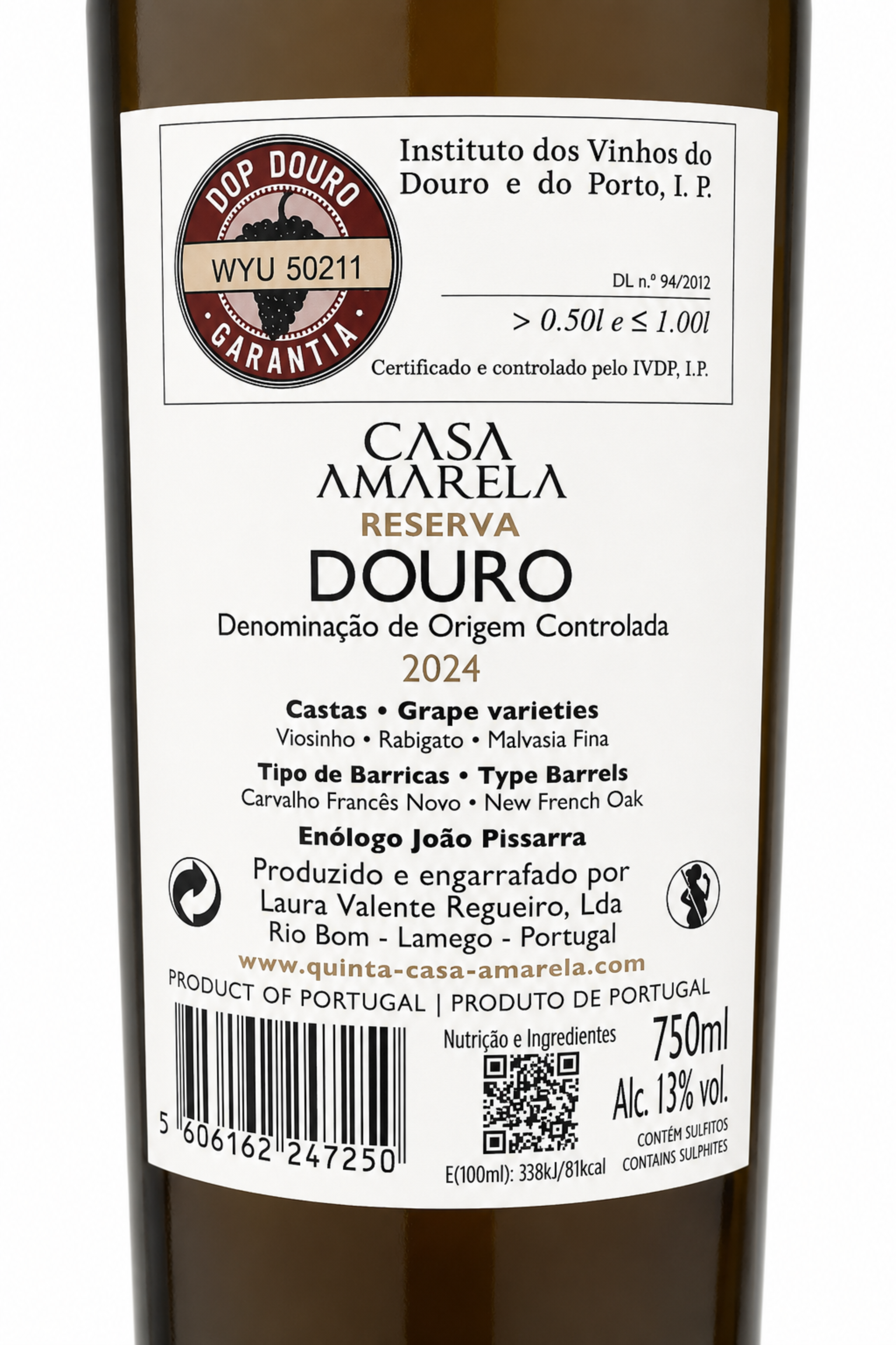 Contra-rótulo Casa Amarela Reserva Branco 2024 – Reserva Branco com barrica de carvalho francês, Douro
