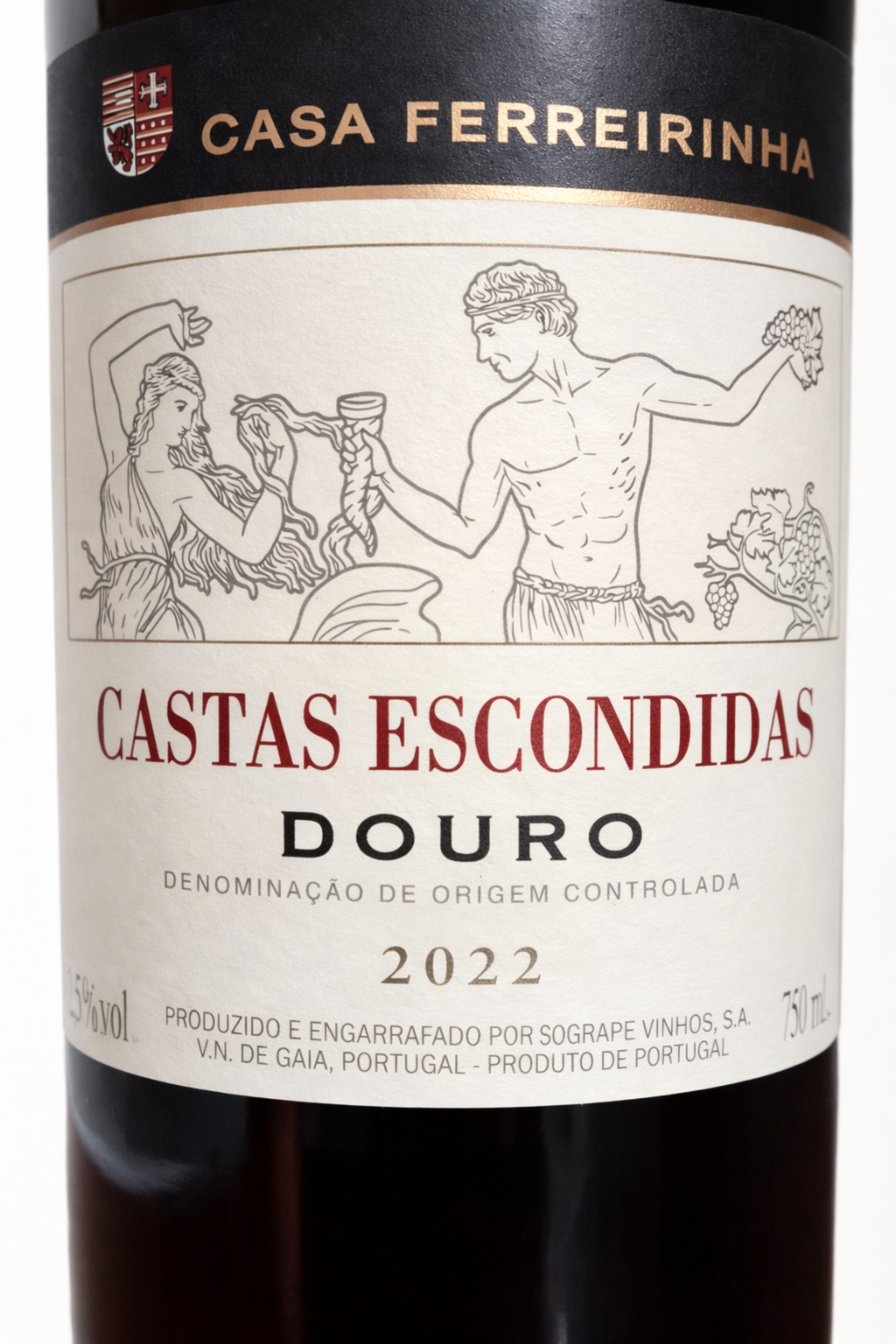 Rótulo Casa Ferreirinha Castas Escondidas 2022 – Vinho Tinto Douro DOC, castas tradicionais raras, 12,5% vol.

