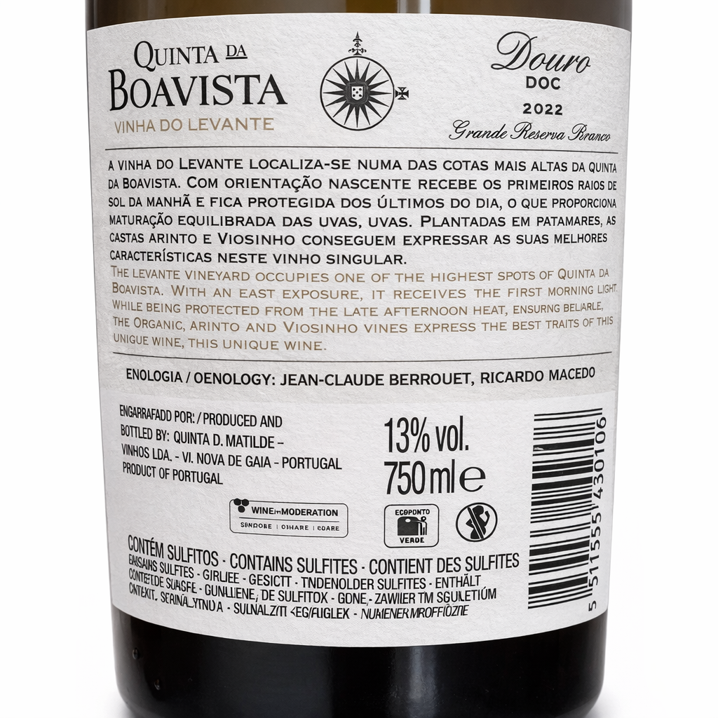  "Contra-rótulo do Quinta da Boavista Vinha do Levante Grande Reserva Branco 2022, Douro DOC"