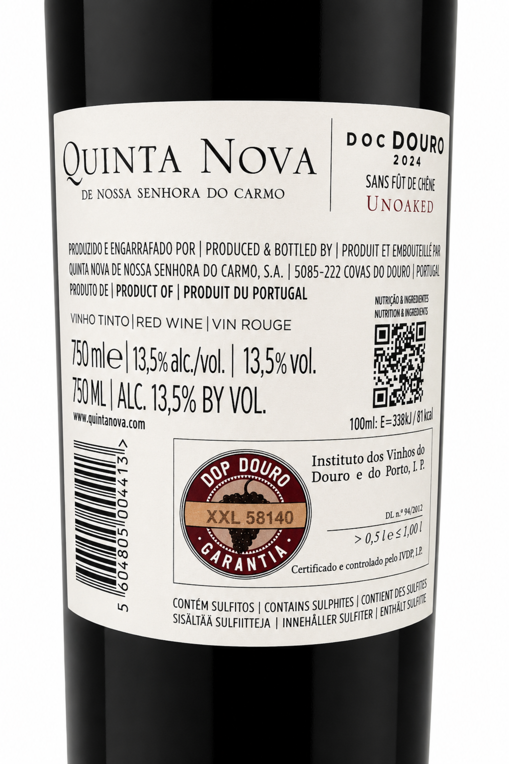 Contra-rótulo Quinta Nova Unoaked Tinto 2024 – Touriga Nacional, Touriga Franca, Tinta Roriz e Tinto Cão, Cima Corgo
