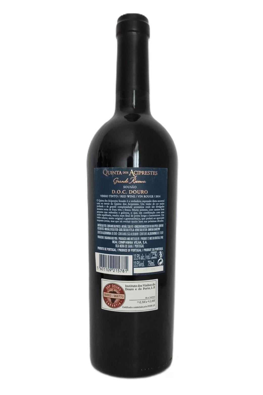 "Contra-rótulo Quinta dos Aciprestes Sousão Grande Reserva 2014 com informações técnicas notas de prova DOC Douro"