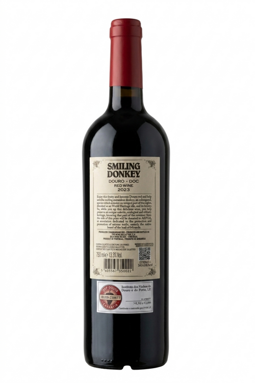 Contra-rótulo da garrafa Burro Sorridente Tinto 2023, Douro DOC — informação sobre castas, produtor Barão de Vilar e selo de garantia DOC Douro, 75cl 13,3% vol.
