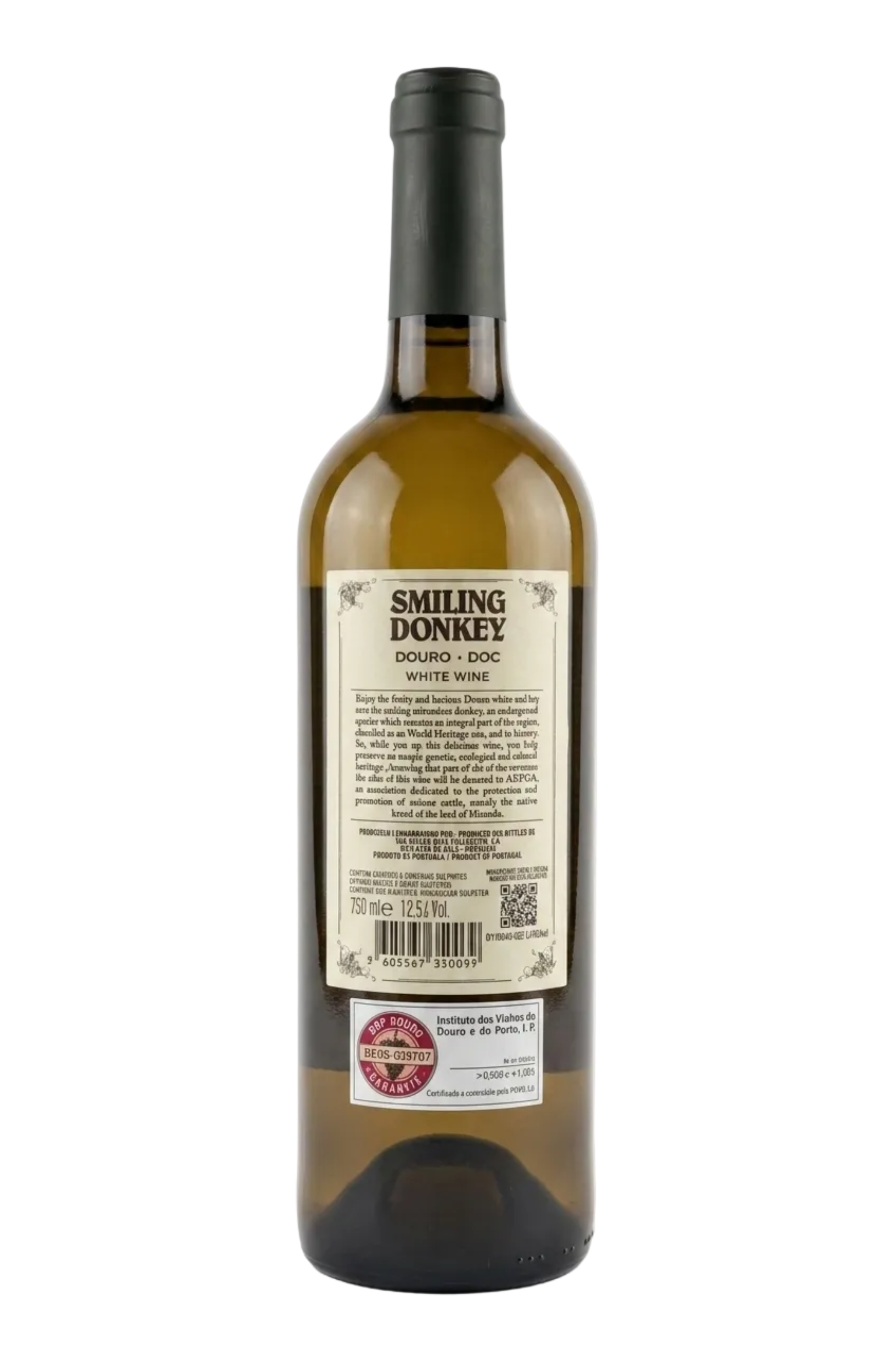 Contra-rótulo da garrafa Burro Sorridente Branco 2024, Douro DOC — informação sobre castas, produtor Barão de Vilar e selo de garantia DOC Douro, 75cl
