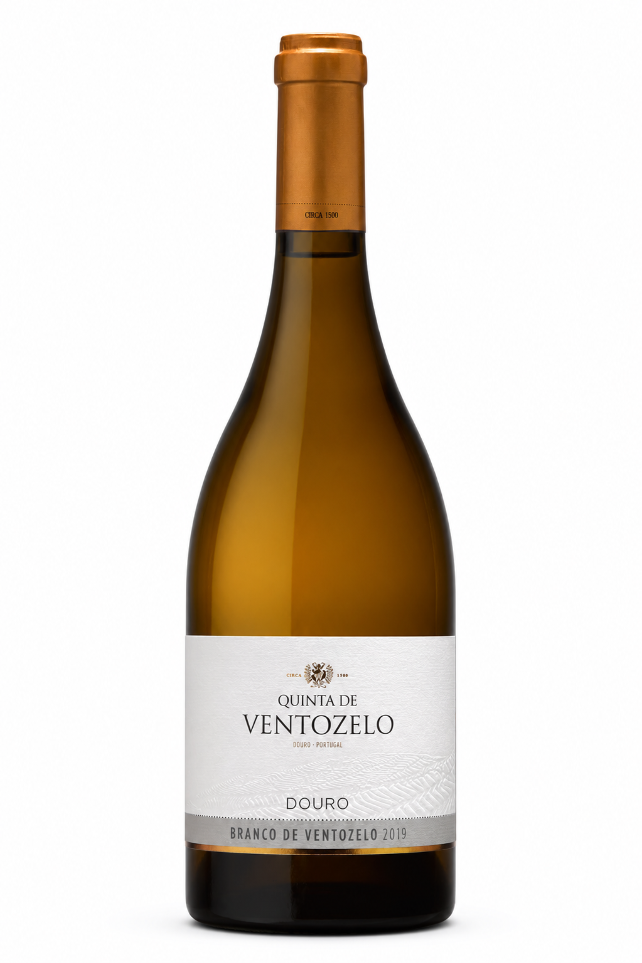 "Garrafa de Quinta de Ventozelo Branco de Ventozelo 2019, vinho branco DOC Douro, com rótulo branco e cápsula dourada"
