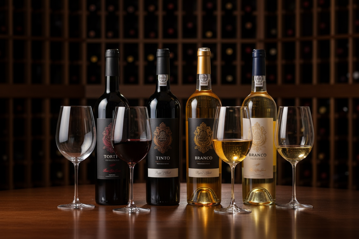 tintos e brancos em garrafas com copos